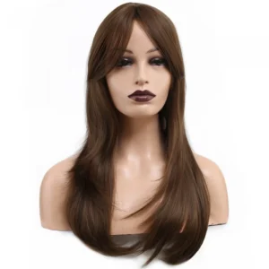 Katlı Kesim Perçemli Düz Fiber Sentetik Orta Boy Peruk - Kumral