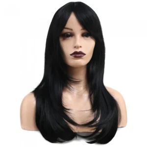 Katlı Kesim Perçemli Düz Fiber Sentetik Orta Boy Peruk - Siyah