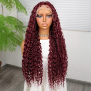 Afro Dalga Koyu Kızıl Fiber Sentetik T Tül Peruk